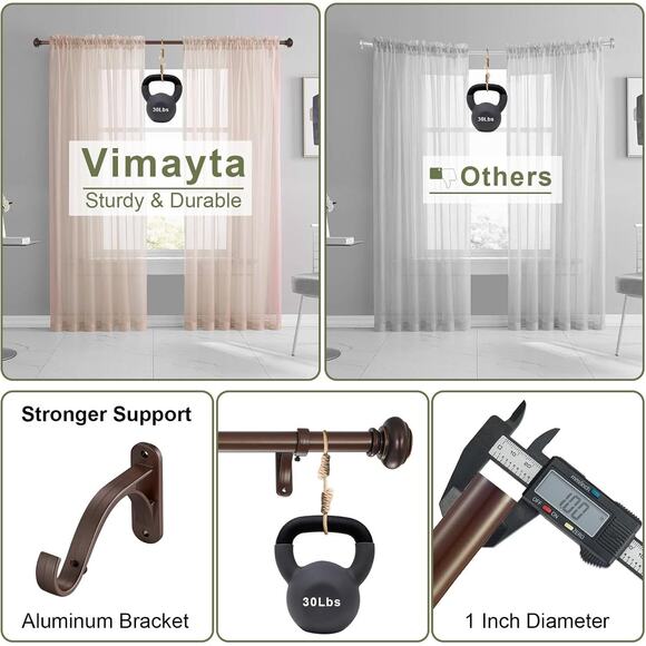 Vimayta Adjustable Curtain Rod 36-72" Matte Brown, 1" Heavy Duty Window Rod - Picture 5 of 6